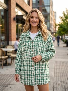 Vestique Green & White Tweed Fringed Shacket - Size M